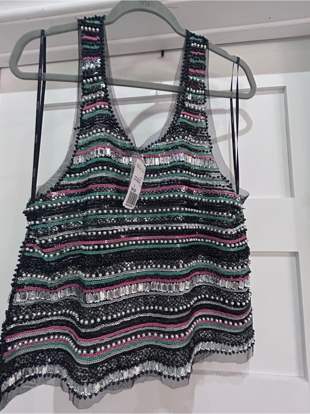 NWT, FOREVER 21, sizeBeaded Sequin Stripe Tank Top in Black, Silver, Pink, Green